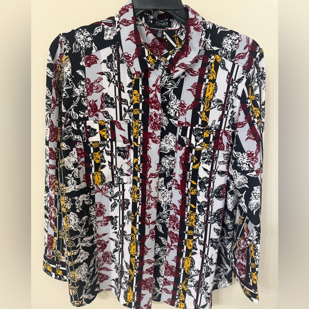Jones New York Floral Striped Shirt - Black, Red, Yellow
